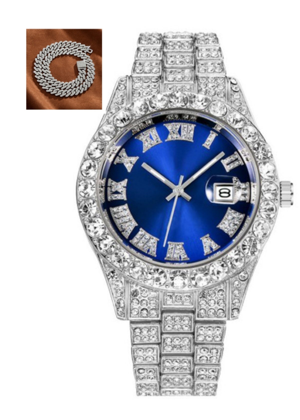 Reloj de cuarzo con diamantes y escala romana estilo hip hop con cinturón de acero para hombre