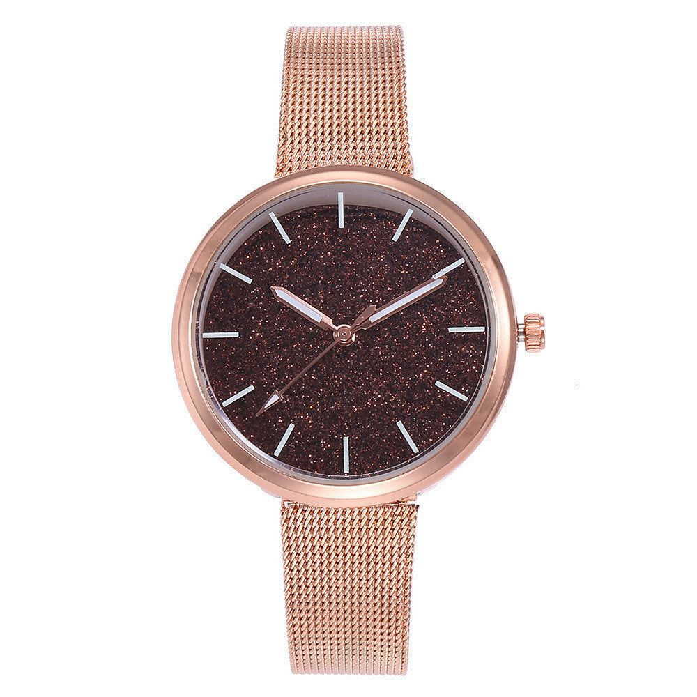 Reloj de pulsera romántico con diseño de cielo estrellado para mujer, informal, con correa de malla de acero y oro rosa, reloj con diamantes de imitación, reloj femenino