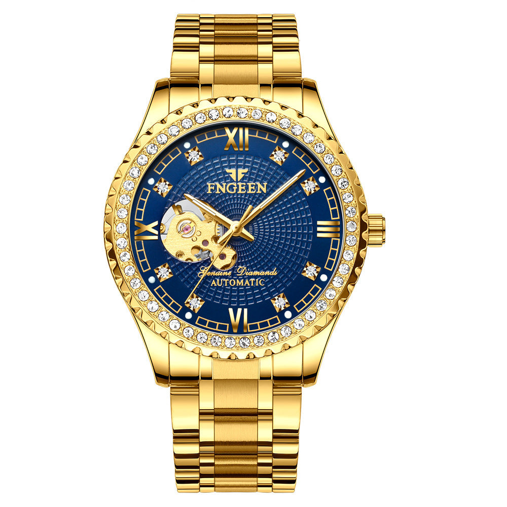 Reloj mecánico automático impermeable con diamantes para hombre, reloj de moda, reloj dorado, reloj hueco para hombre