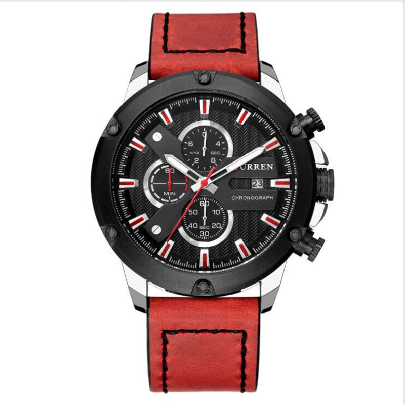 Men's Six-Hands Calendar Waterproof Belt Quartz Watch