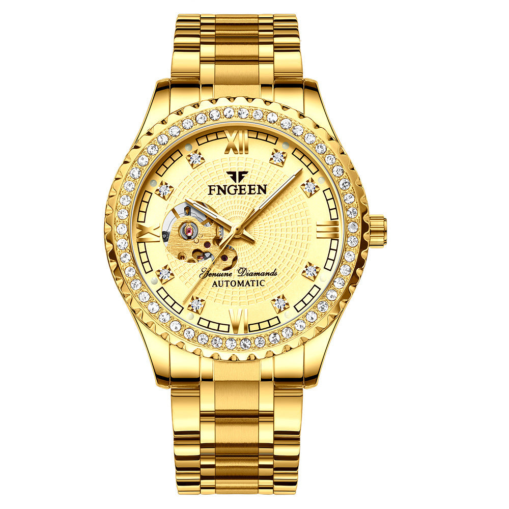 Reloj mecánico automático impermeable con diamantes para hombre, reloj de moda, reloj dorado, reloj hueco para hombre
