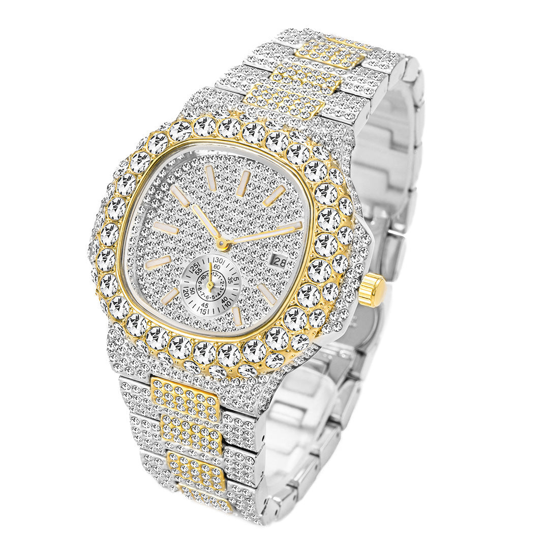 Reloj de oro para hombre, de cuarzo, luminoso, resistente al agua, con calendario de hip hop y diamantes completos