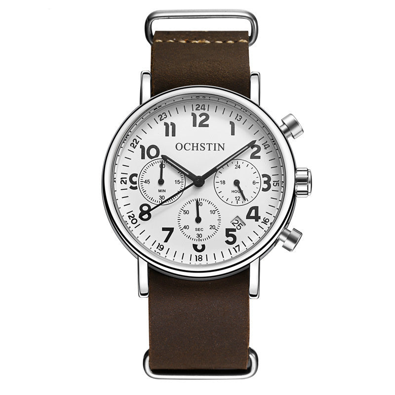 Multi-function three-eye calendar quartz watch