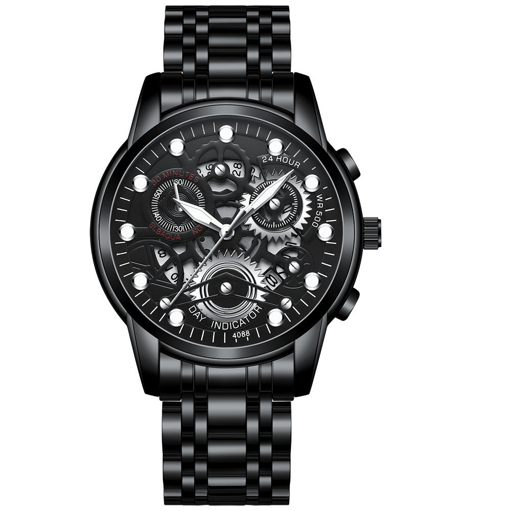 Reloj negro para hombre, reloj de cuarzo de moda hueco