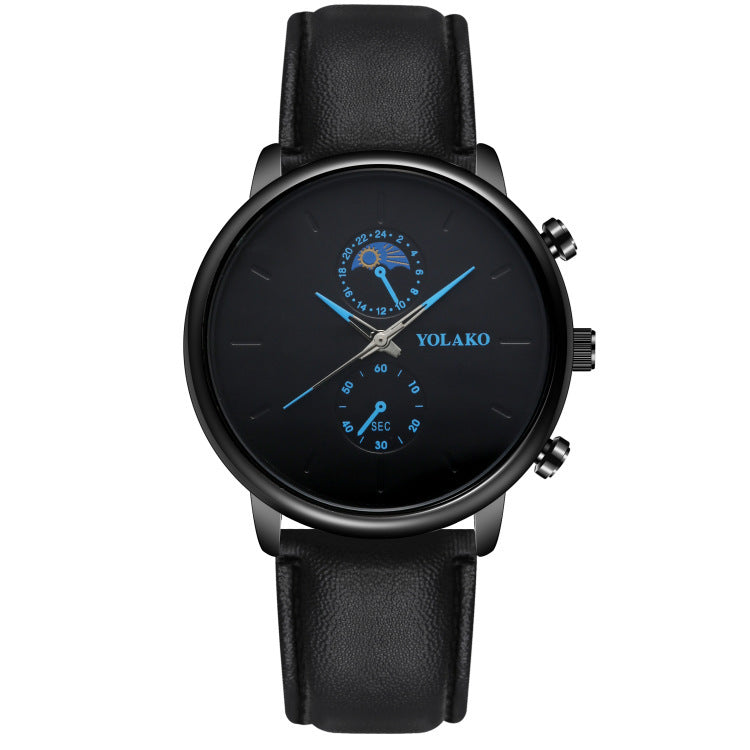 Reloj de cuarzo ultrafino con correa de cuero y dos ojos para hombre