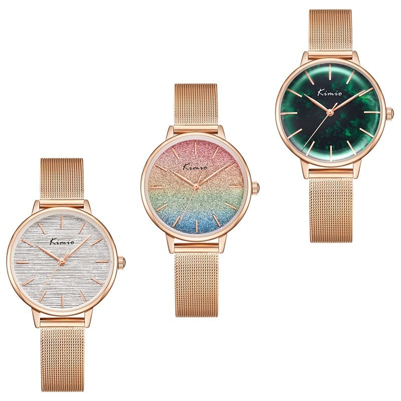 Reloj de moda con correa de malla para mujer con purpurina de color degradado de arcoíris