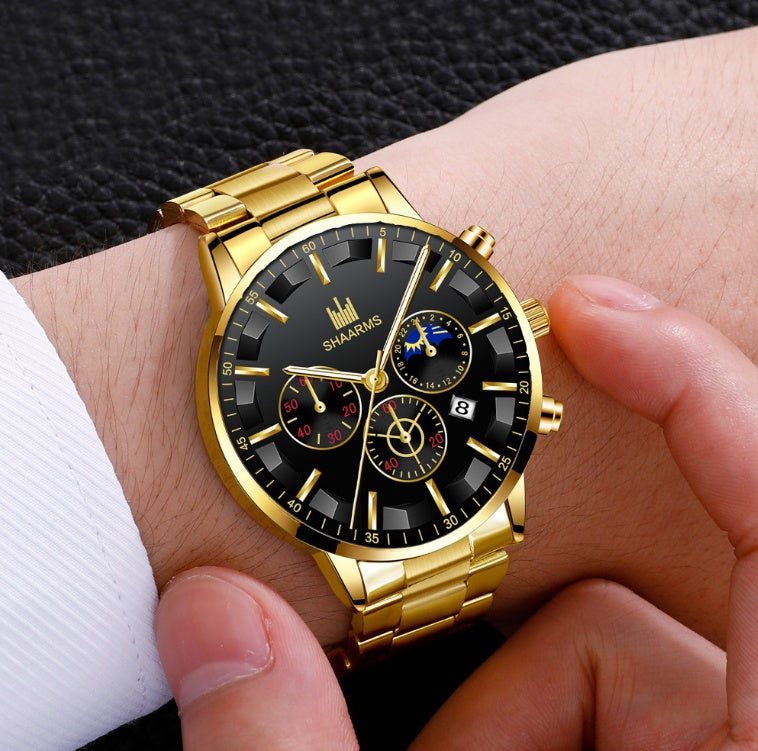 Reloj de cuarzo elegante con calendario de tres ojos y esfera grande y redonda