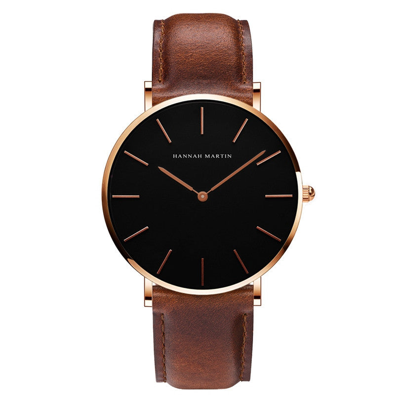 Reloj de cuarzo ultrafino con correa negra, informal, resistente al agua, para hombre y mujer