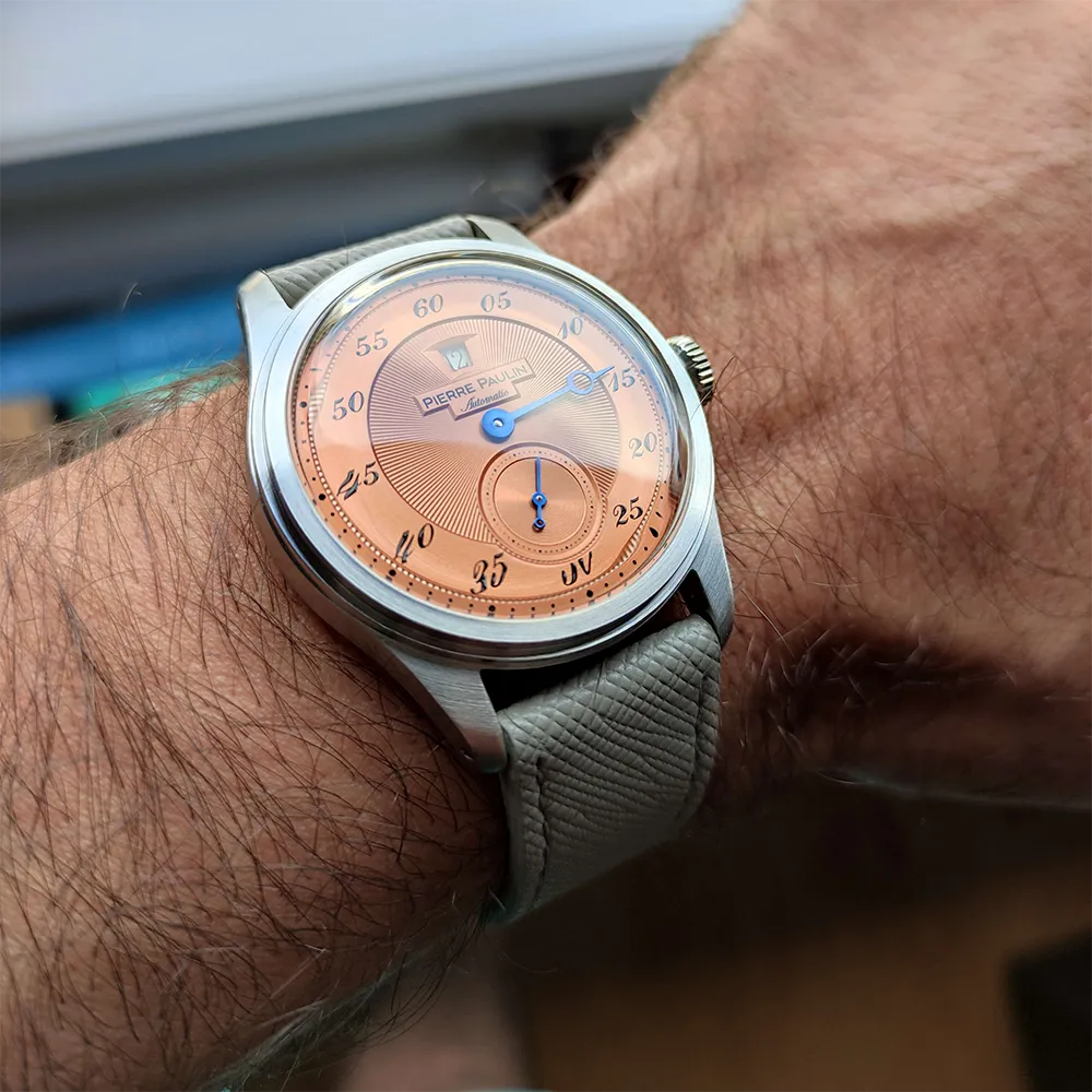 Spot goods NEW Pierre Paulin Jumping Hour Men Watch Salmon Dial Automatic St17 Mechanical Watch Vintage Bonklip bracelet