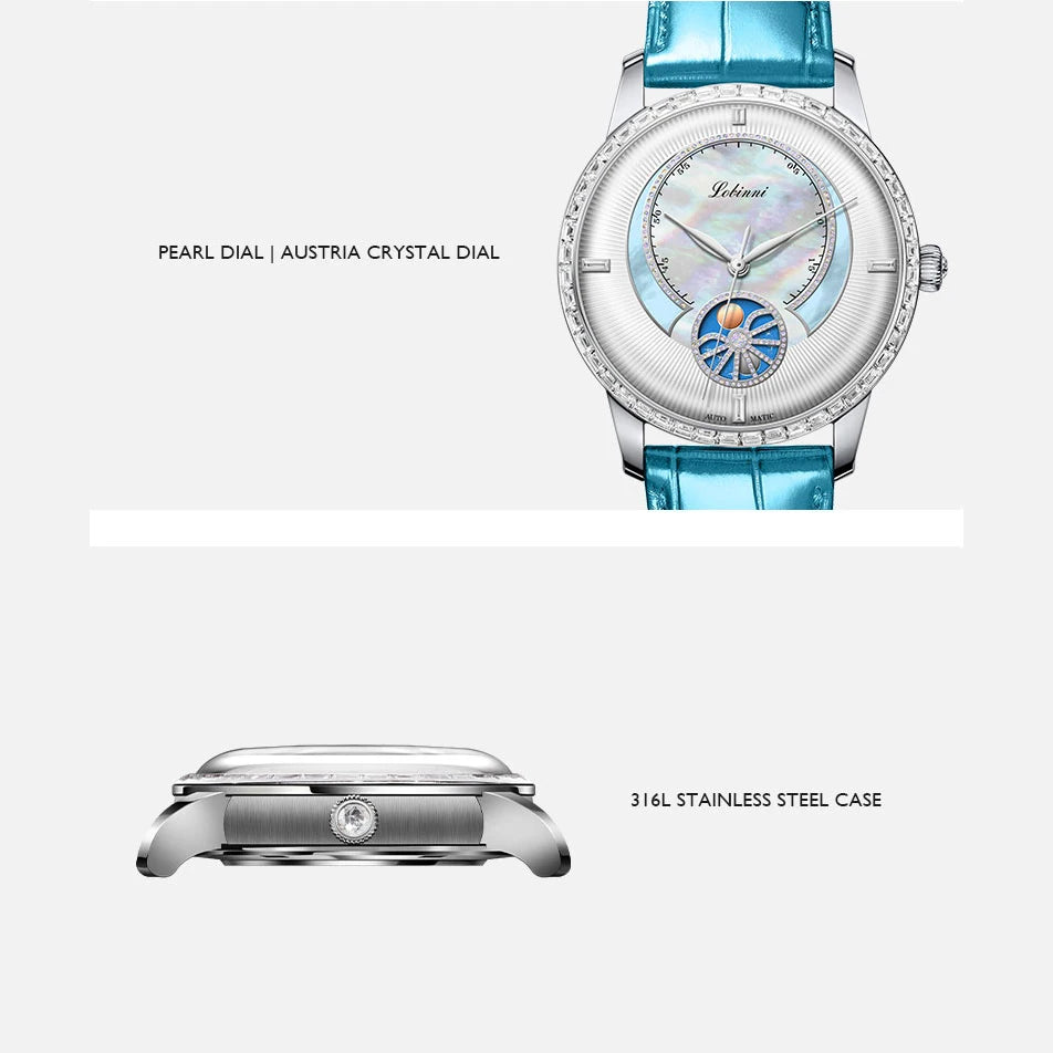 LOBINNI Ladies Luxury Watches Female Automatic Self Wind Mechanical Wristwatch Sapphire Pearl Dial Sun Moon Dial Austria Crystal