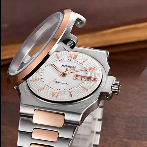 HANBORO Men Watch Top Luxury Brand Mens Automatic Watches Business Mechanical Wristwatches Waterproof Steel Strap Week Date