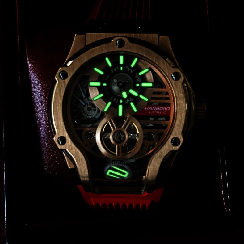 HANBORO Mens Automatic Watches Luxury Watch For Men Mechanical Wristwatch Waterproof Luminous Skeleton Dial Rubber Strap