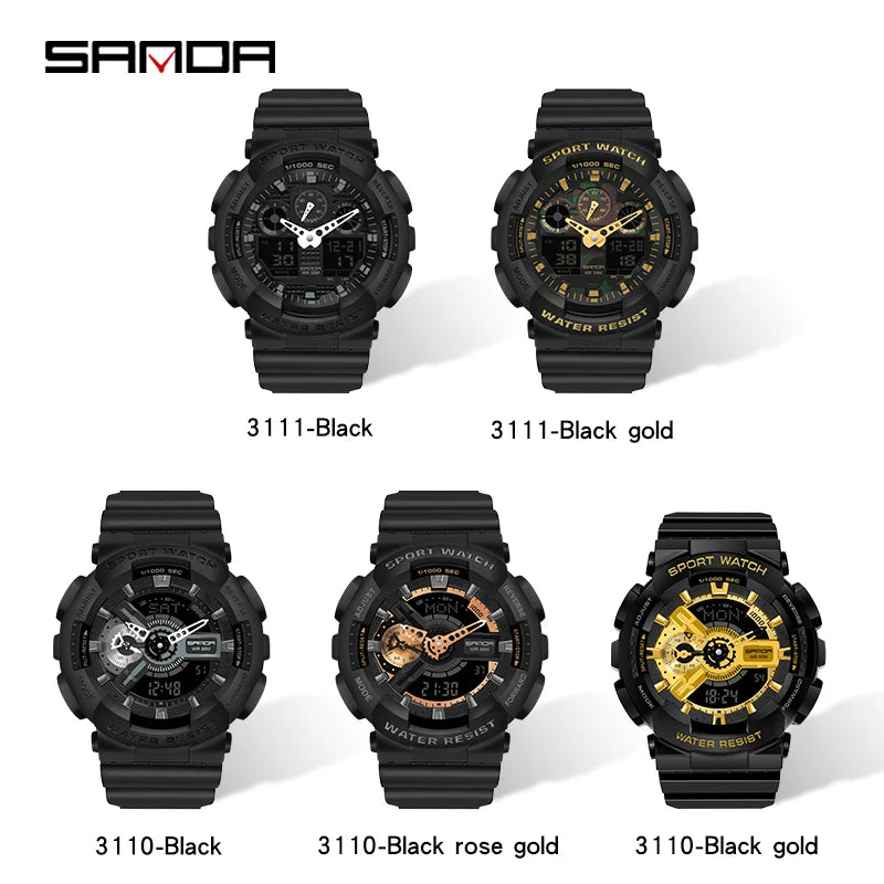 Fashion Sanda Top Brand Dual Display Quartz Watch Men's Luxury Sports Led Luminous Waterproof S Shockproof Automatic Date Reloj
