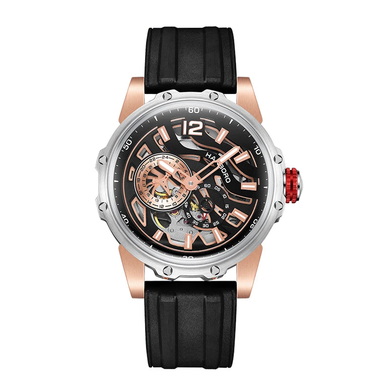 HANBORO Men Watch Luxury Mens Automatic Watches 50m Waterproof Luminous Mechanical Wristwatch Hollow Out Dial Rubber Strap