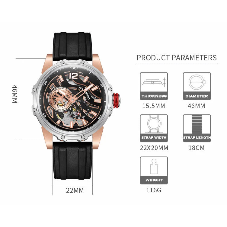 HANBORO Men Watch Luxury Mens Automatic Watches 50m Waterproof Luminous Mechanical Wristwatch Hollow Out Dial Rubber Strap