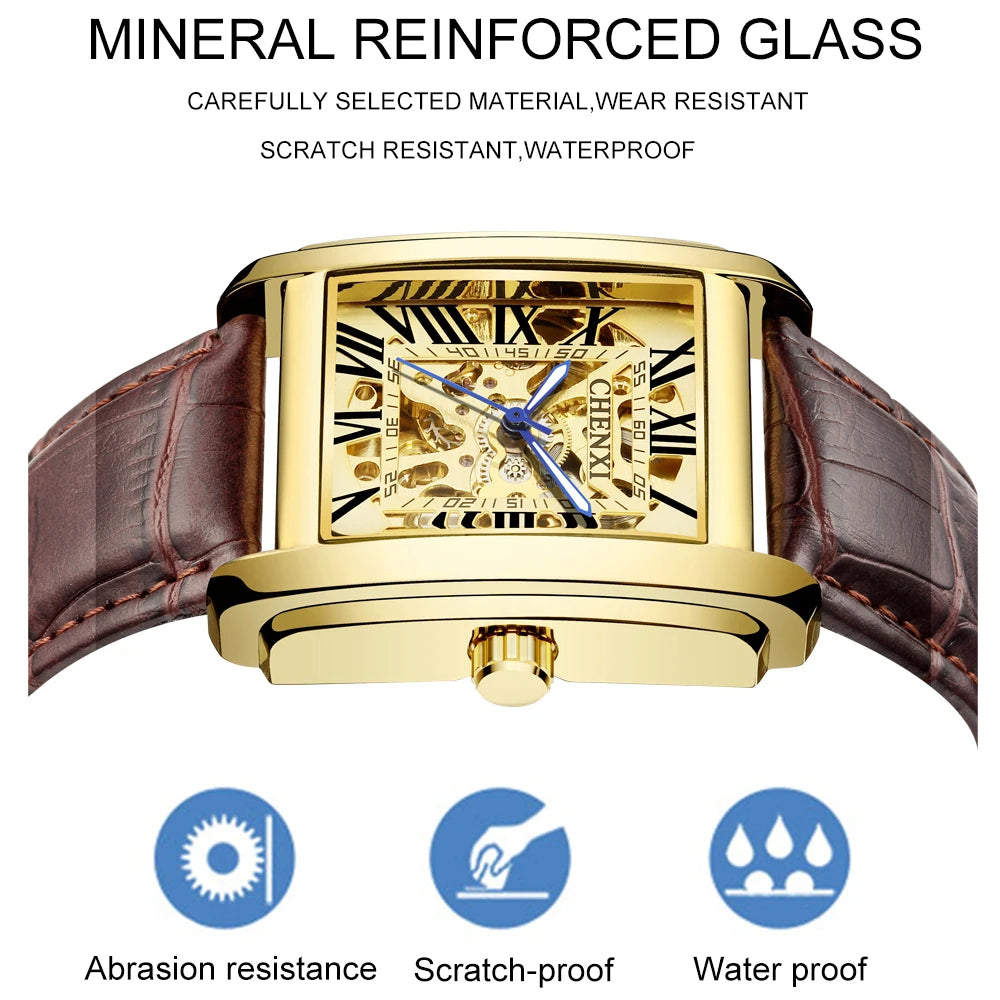 CHENXI Luxury Gold Automatic Watch Men Business Waterproof Skeleton Tourbillon Mechanical Wristwatch Top Brand Relogio Masculino