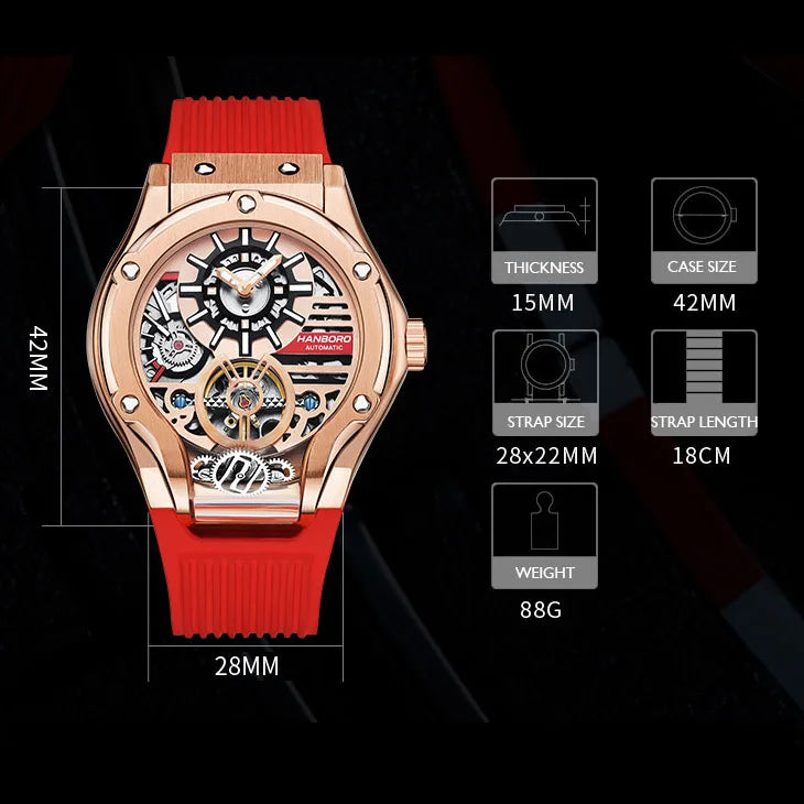 HANBORO Mens Automatic Watches Luxury Watch For Men Mechanical Wristwatch Waterproof Luminous Skeleton Dial Rubber Strap