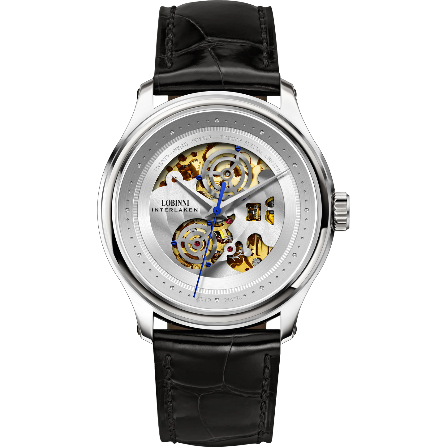 LOBINNI Mens Automatic Watches Male Luxury Watch Waterproof Mechanical Wristwatch Sapphire Mirror Skeleton Dial Leather Strap