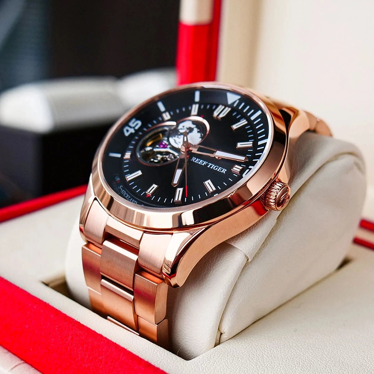 Reef Tiger Mens Automatic Watches Luxury Men Mechanical Wristwatch Skeleton Waterproof Luminous Steel Strap World Time RGA1693-2