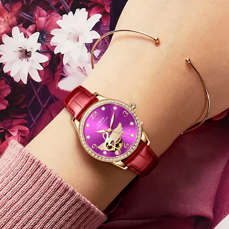 LOBINNI Women Automatic Watch Luxury Ladies Mechanical Wristwatch Waterproof Sapphire Skeleton Dial Female Clock Austria Crystal