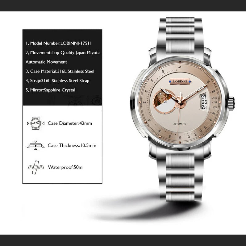LOBINNI Mens Automatic Watches Luxury Mechanical Wristwatch Waterproof Tachymeter Sapphire Date Relogios Masculino Steel Strap
