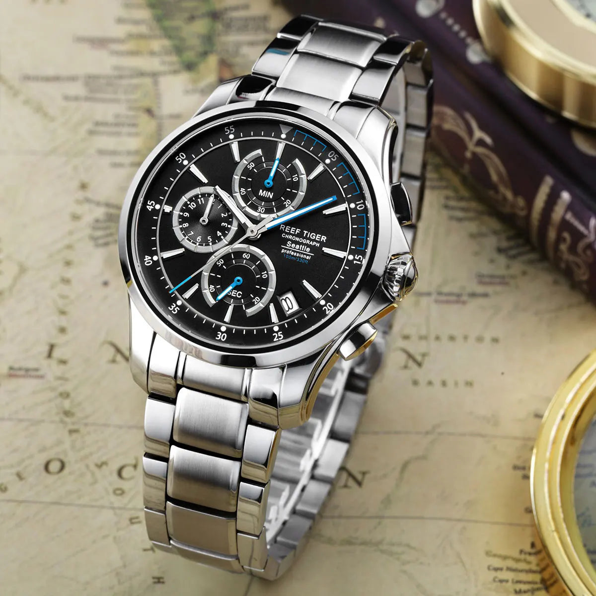 Reef Tiger Mens Chronograph Watches Men Military Watch Male Sport Quartz Wristwatch Waterproof Luminous Sapphire Mirror RGA1663