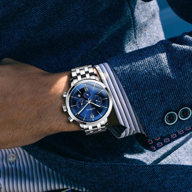 LOBINNI Men Chronograph Watch Luxury Mens Quartz Wristwatch Waterproof Clock Sapphire Dress Steel Strap Relogios Masculino