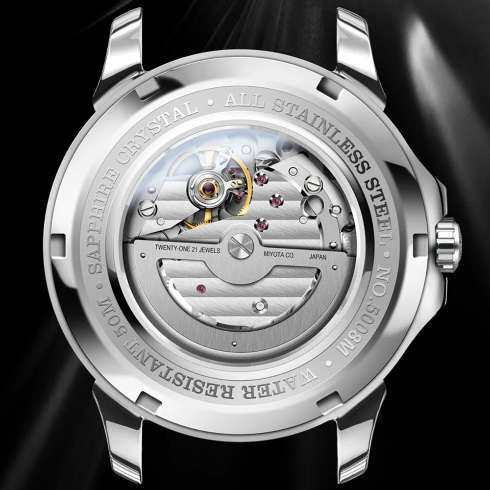 LOBINNI Men Automatic Watch Luxury Male Watches Fashion Mechanical Wristwatch Fashion Sapphire Crystal Skeleton Dial Steel Strap