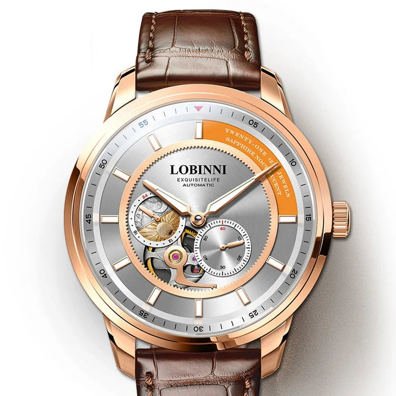 LOBINNI automatic watch men,mens luxury watches skeleton mechanical wristwatch 50m waterproof Switzerland clock sapphire relogio