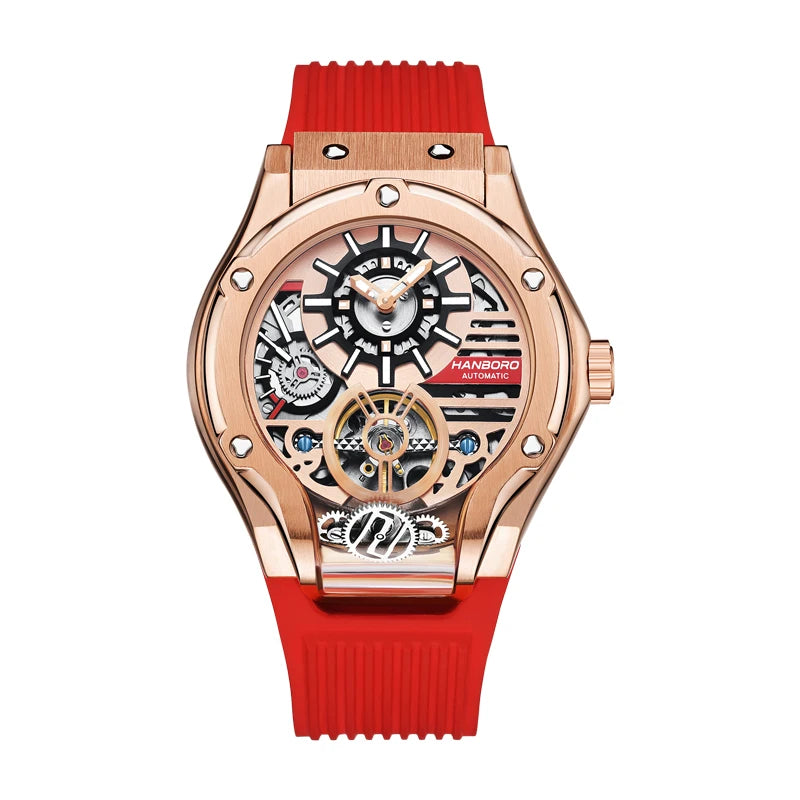 HANBORO Mens Automatic Watches Luxury Watch For Men Mechanical Wristwatch Waterproof Luminous Skeleton Dial Rubber Strap