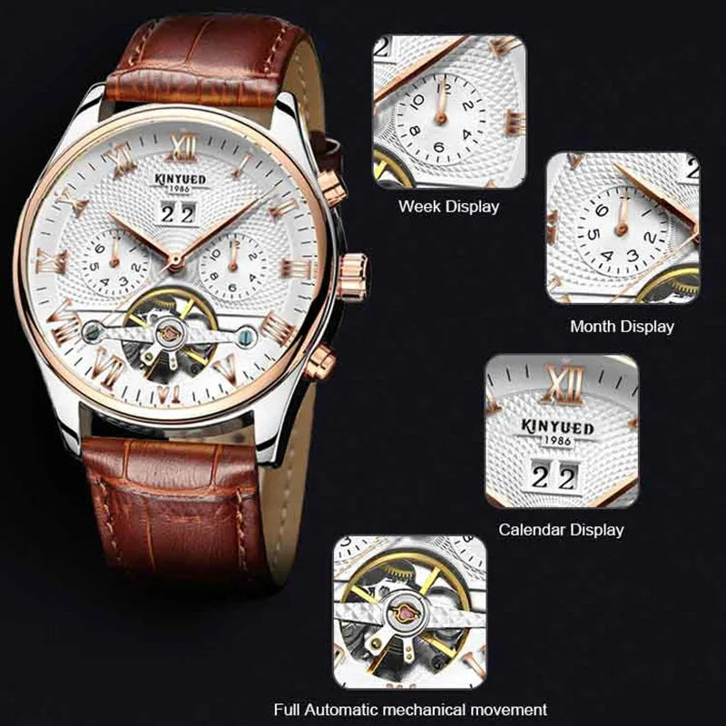 KINYUED Mens luxury original Brand watches Men Skeleton Tourbillon Mechanical Automatic analog watch for Man Waterproof bracelet