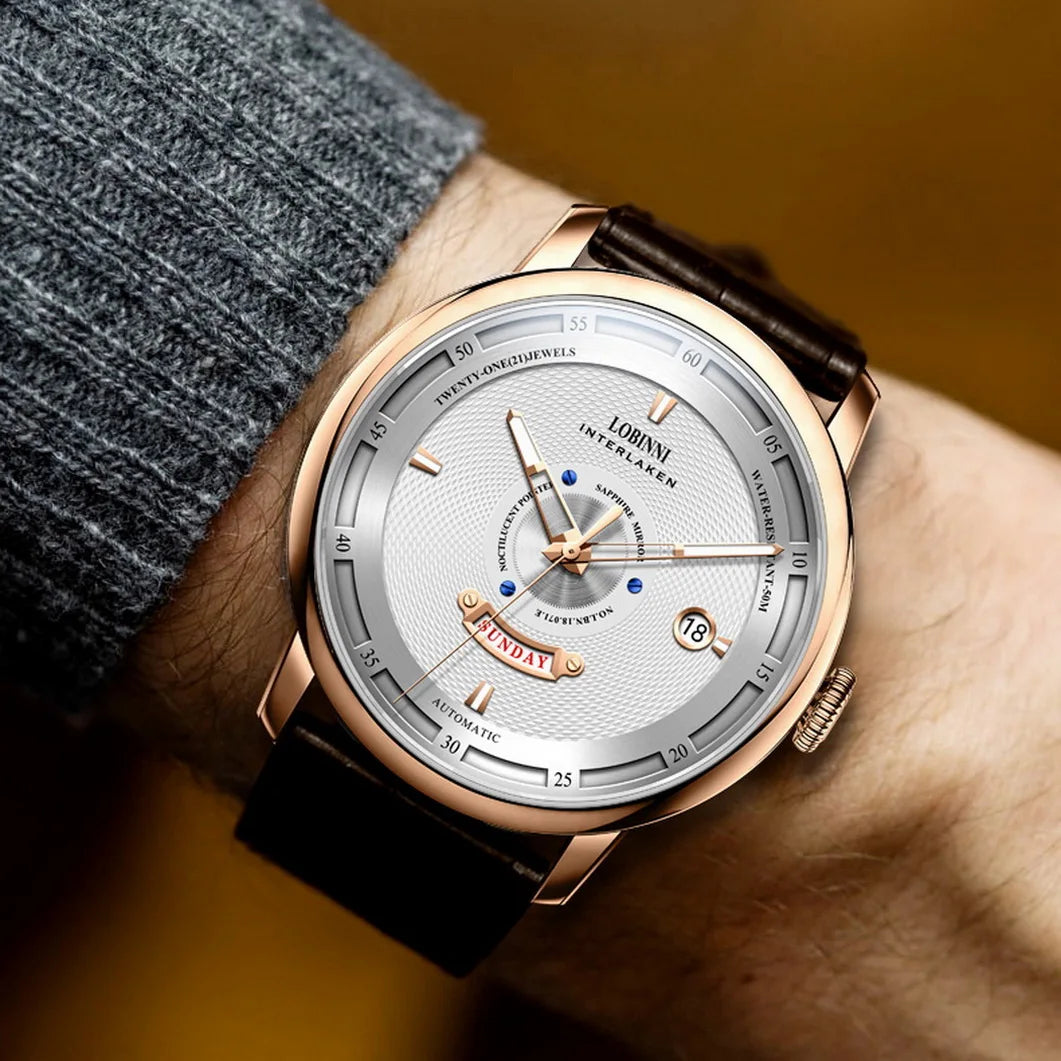 LOBINNI Men Automatic Watch Luxury Male Watches Dress Mechanical Wristwatch Business Sapphire Crystal Leather Strap Week Date