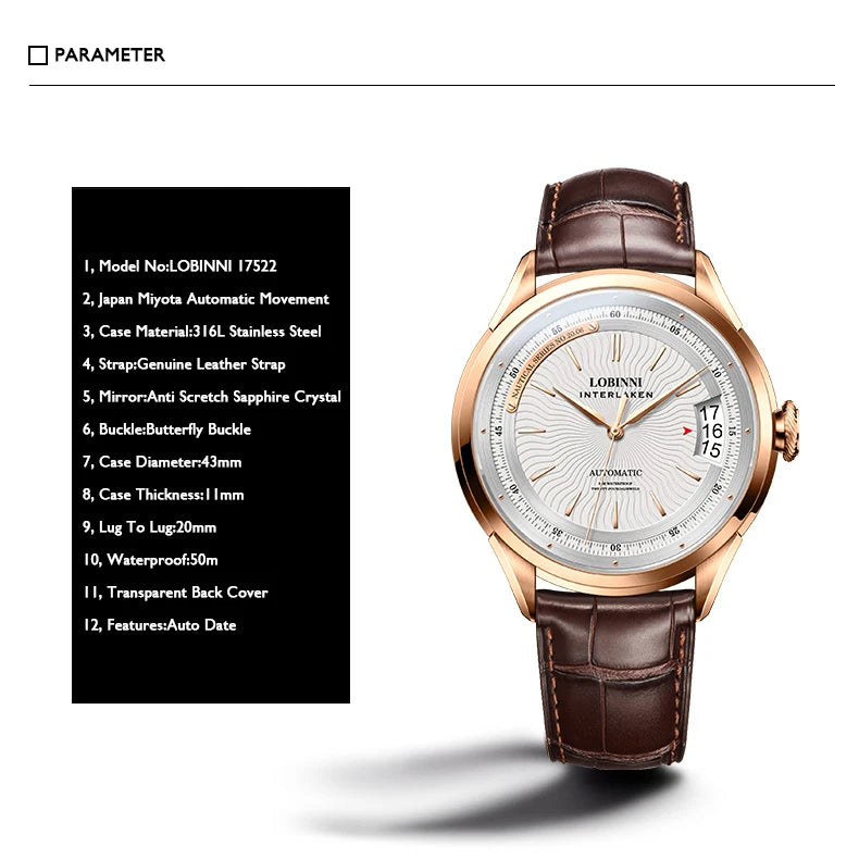 LOBINNI Mens Automatic Watches Male Top Luxury Brand Watch Waterproof Self Wind Mechanical Wristwatch Sapphire Leather Strap