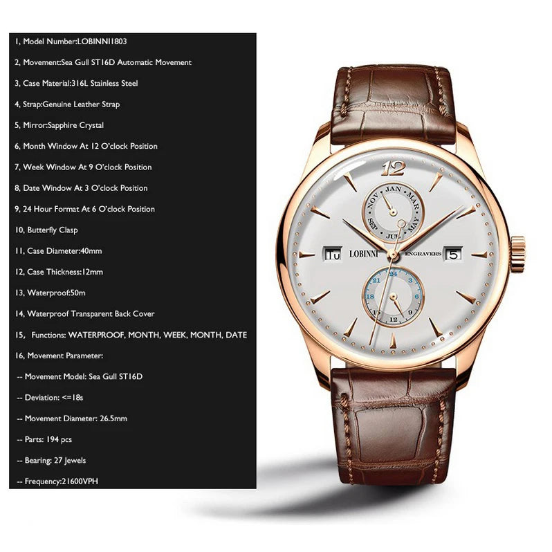 LOBINNI Automatic Watch For Men Top Luxury Brand Mens Mechanical Wristwatches Sapphire Crystal Leather Strap Week Month Date
