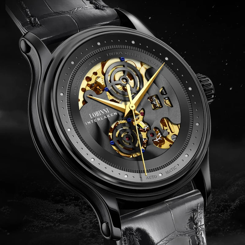 LOBINNI Mens Automatic Watches Male Luxury Watch Waterproof Mechanical Wristwatch Sapphire Mirror Skeleton Dial Leather Strap