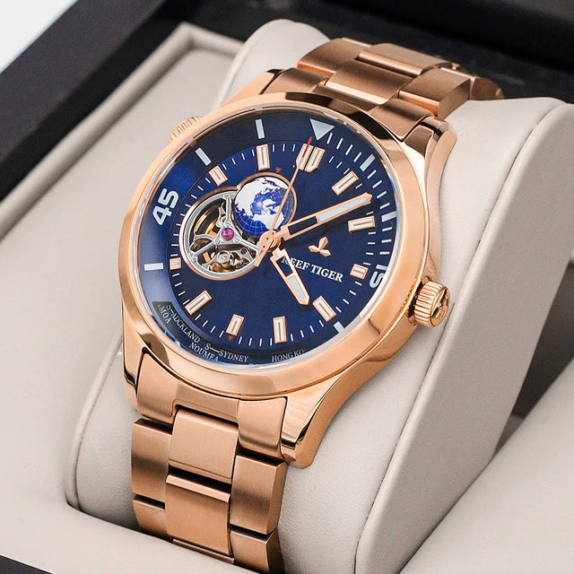 Reef Tiger Mens Automatic Watches Luxury Men Mechanical Wristwatch Skeleton Waterproof Luminous Steel Strap World Time RGA1693-2
