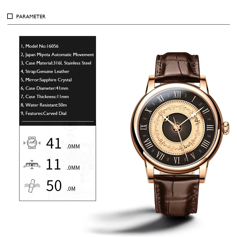LOBINNI Mens Automatic Watches Luxury Male Watch Mechanical Wristwatch Waterproof Sapphire Mirror Carved Dial Roman Scales