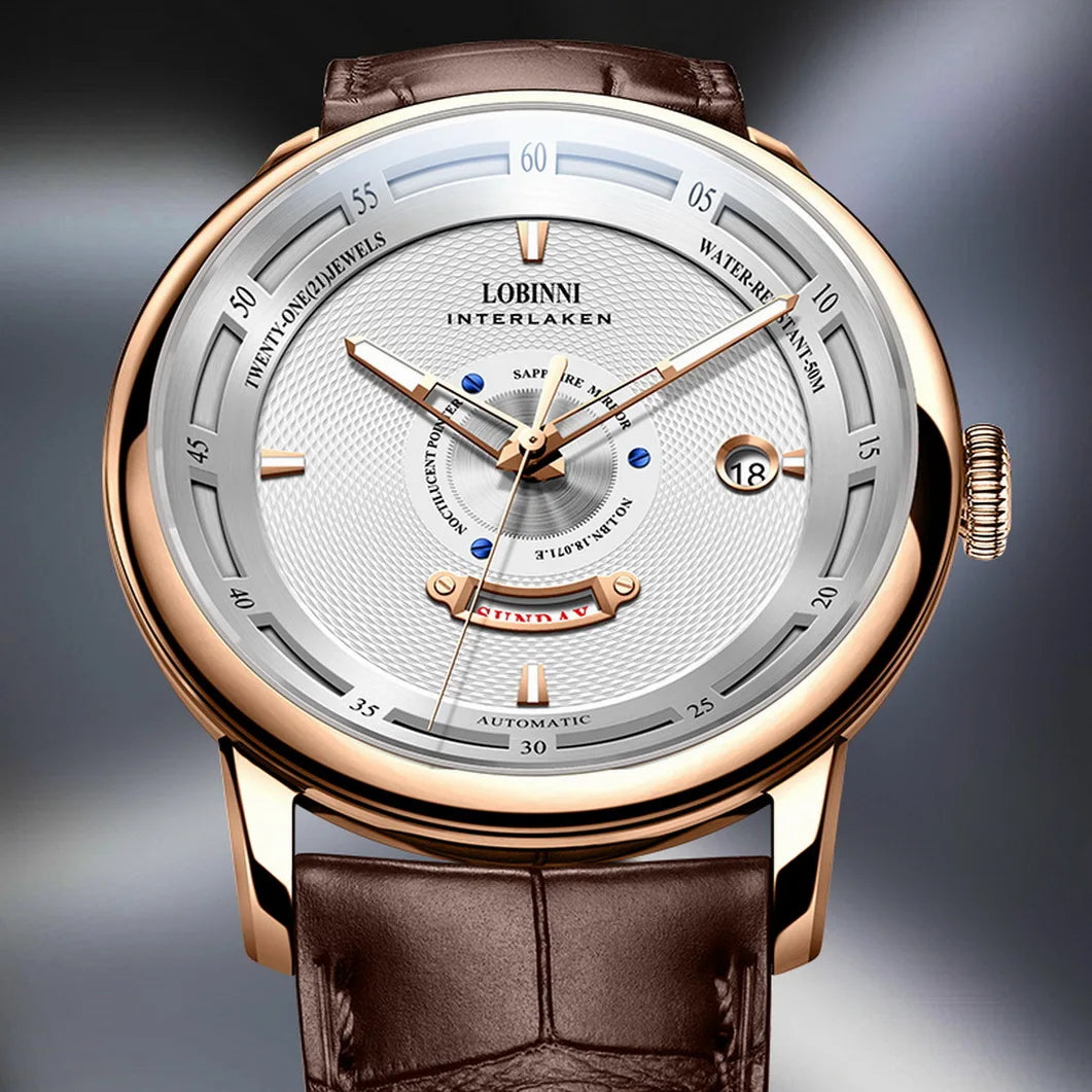 LOBINNI Men Automatic Watch Luxury Male Watches Dress Mechanical Wristwatch Business Sapphire Crystal Leather Strap Week Date