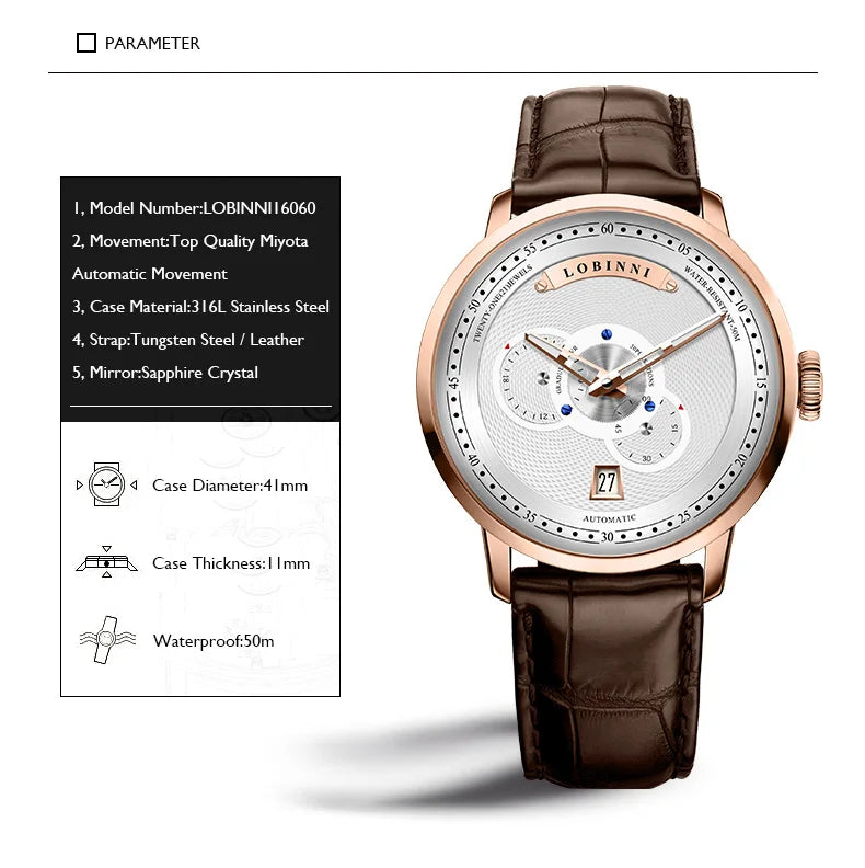 LOBINNI Mens Automatic Watches Men Luxury Watch Waterproof Self Wind Mechanical Wristwatch Sapphire Mirror Date 24 Hours