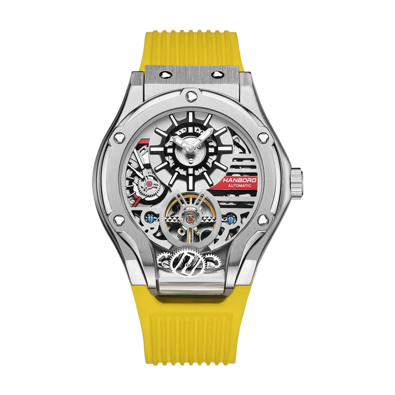 HANBORO Mens Automatic Watches Luxury Watch For Men Mechanical Wristwatch Waterproof Luminous Skeleton Dial Rubber Strap