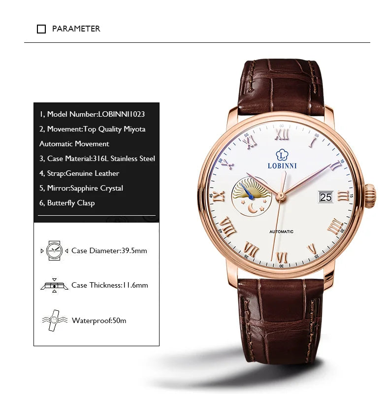 LOBINNI Mens Automatic Watches Luxury Male Watch Waterproof Mechanical Wristwatch Sapphire Date Leather Strap Sun-Moon Dial
