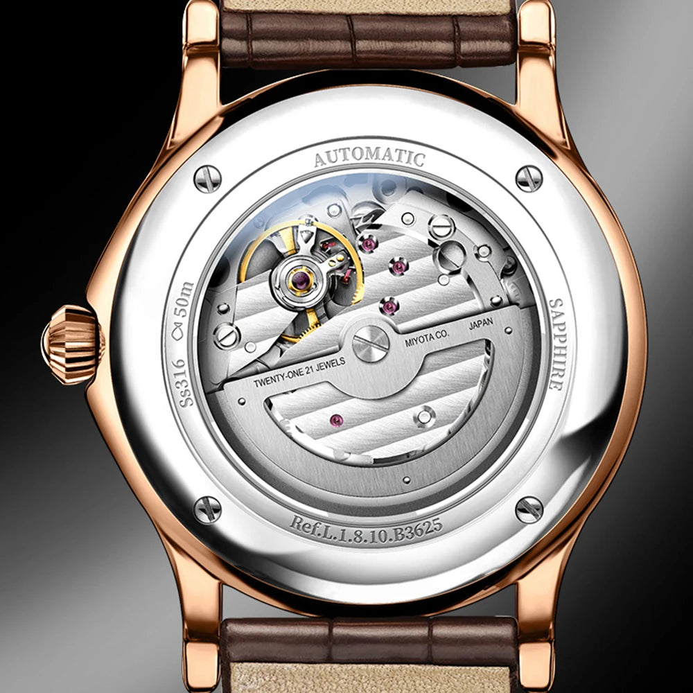 LOBINNI Mens Automatic Watches Men Moon Phase Watch Top Luxury Brand Mechanical Wristwatch Waterproof Sapphire Leather Strap