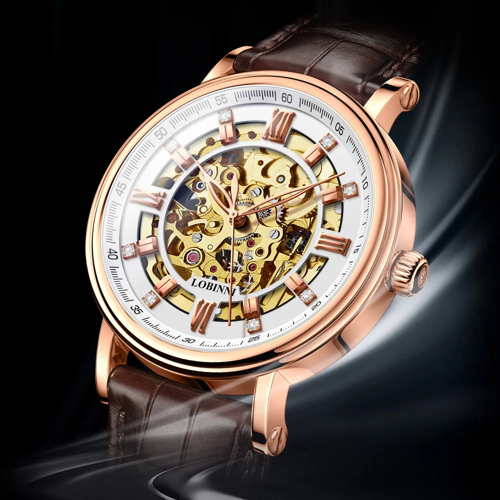 men automatic watch,mens wrist watches Switzerland LOBINNI luxury skeleton self wind mechanical wristwatch waterproof timepiece