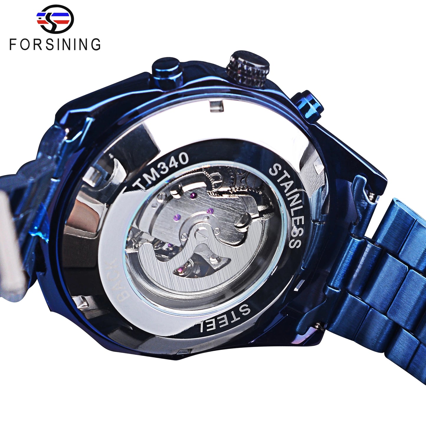 Forsining Mechanical Men's Wristwatch Skeleton Hollow Automatic Watch 3Bar Stainless Steel Men Watches Blue Fashion Reloj Hombre