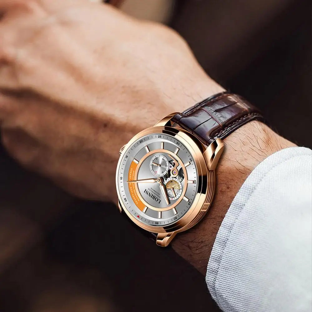 LOBINNI automatic watch men,mens luxury watches skeleton mechanical wristwatch 50m waterproof Switzerland clock sapphire relogio