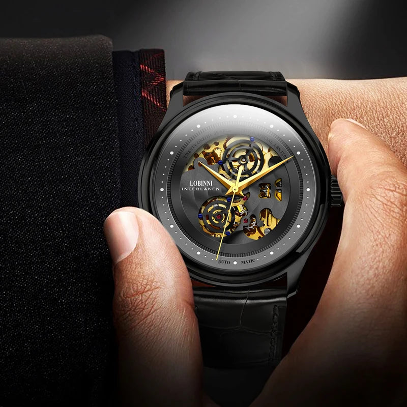 LOBINNI Mens Automatic Watches Male Luxury Watch Waterproof Mechanical Wristwatch Sapphire Mirror Skeleton Dial Leather Strap