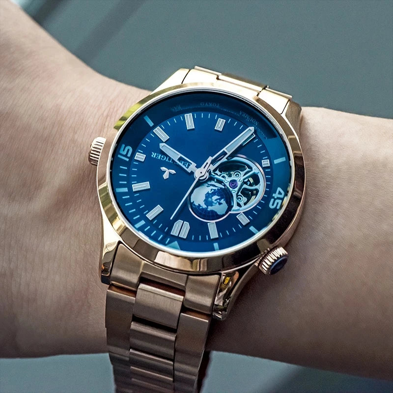 Reef Tiger Mens Automatic Watches Luxury Men Mechanical Wristwatch Skeleton Waterproof Luminous Steel Strap World Time RGA1693-2