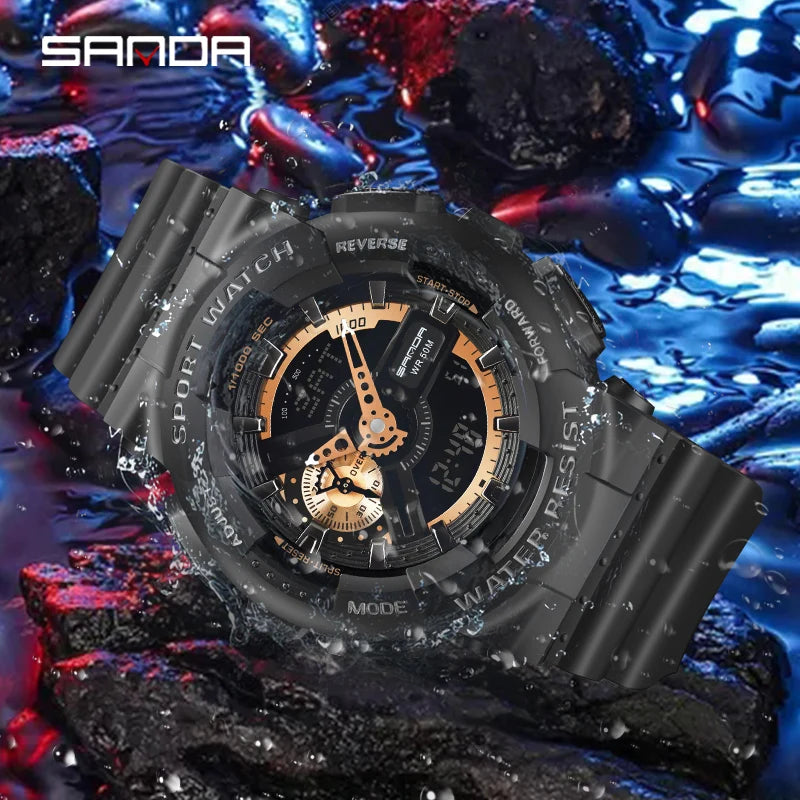 Fashion Sanda Top Brand Dual Display Quartz Watch Men's Luxury Sports Led Luminous Waterproof S Shockproof Automatic Date Reloj