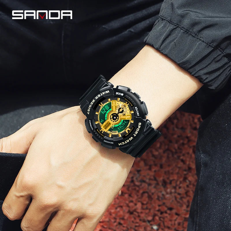Fashion Sanda Top Brand Dual Display Quartz Watch Men's Luxury Sports Led Luminous Waterproof S Shockproof Automatic Date Reloj