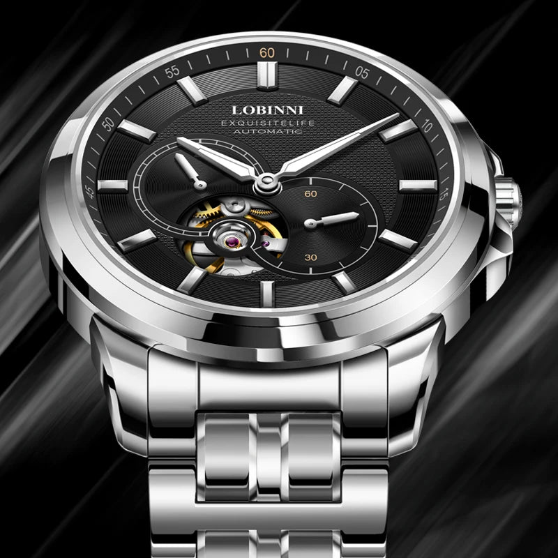 LOBINNI Men Automatic Watch Luxury Male Watches Fashion Mechanical Wristwatch Fashion Sapphire Crystal Skeleton Dial Steel Strap